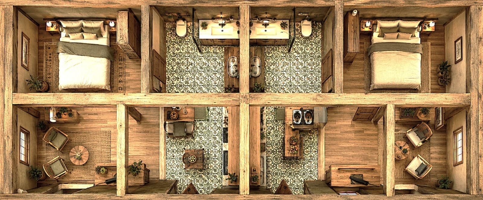 View from above of two mirrored apartments, each with a bedroom, a tiled bathroom, a tiled kitchen and a sitting room